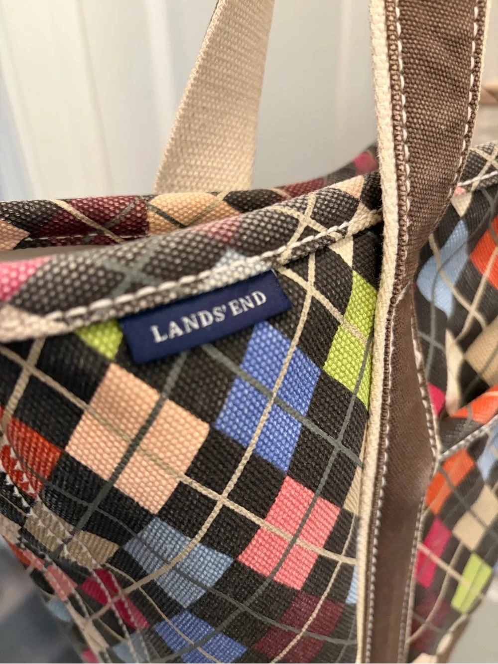Lands’ End Medium Canvas Argyle Tote Bag Brown Multicolor